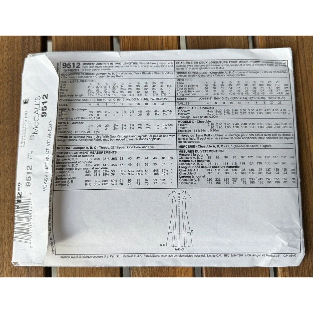 McCalls Misses Jumper in two lengths Sizes 8 10 12 Sewing Pattern 9512 1998 Easy